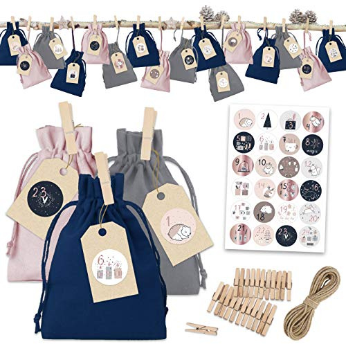 Papierdrachen Adventskalender 2025 zum Befüllen - 24 Stoffsäckchen in Blau-Rosa-Grau - inkl. Klammern, Kordel & Stickern - zum Dekorieren & Basteln