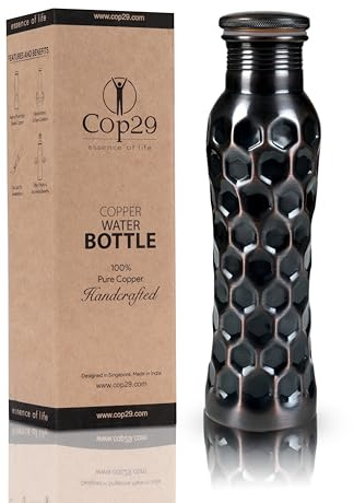 COP29 Bouteille d'eau de fée en cuivre Pur Fait à la Main: Un récipient en cuivre ayurvédique, Emballage Cadeau - 900 ML / 30 oz (nid d'abeille Antique)