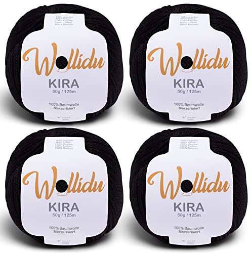Wollidu Kira 4er-Set mercerisierte Baumwolle – 4×50 g feines Häkelgarn & Strickgarn, 100% Baumwolle, 125 m Lauflänge, uni Schwarz