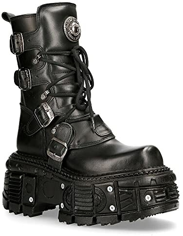 NEW ROCK TANK373-S1 Stivali Unisex con Piattaforma in Pelle Nera Stile Motociclista Gotico 38