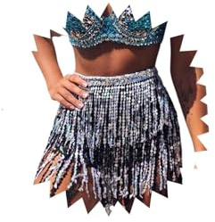 Sttiafay Bauchtanz Hüftschal Pailletten Quaste Bauchtanz Rock Kurz Fransen Wrap Festival Performance Rave Kostüm für Frauen Schwarz-Silber