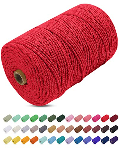 Corde Macramé 3mm x 200m, Uiopa Fil Macramé 3mm Corde Coton Naturelle 4 Brins, Coloré Ficelle Cordon Coton pour Tressée DIY, Tentures Murales, Porte Plante, Rideau, Decoration Boheme (Rouge)
