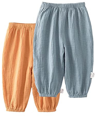 Baby lätta långa byxor anti-mygga bloomers bomull klimatbyxor pojkar flickor sommarbyxor 2-pack, Orange-grå, 104-110