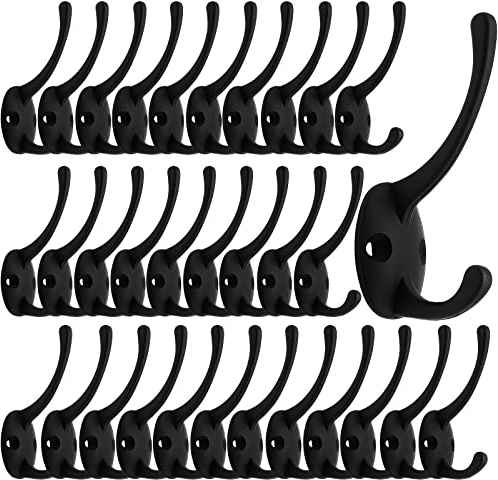 IBosins 32 Pack Black Double Coat Hooks Wall Mounted with 64 Screws
