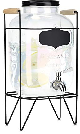 Navaris Dispensador de Bebidas con Grifo - Recipiente de Vidrio de 5 L - Botella de Cristal Arcoiris con Base y Cierre - Garrafa con dosificador