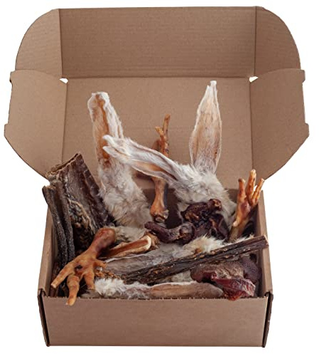 Natural Dog Treats for Dogs - 20 Items - Includes Pig & Rabbit Ears - Chicken Feet - Goat Skins