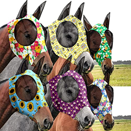 Chunful 6 Pcs Horse Fly Masks with Ears Smooth and Comfortable Mesh Fly Mask Elasticity Breathability UV Protection Horse Face Covering for Riding Supplies(Floral,Large)