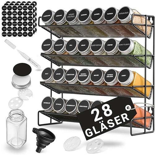 LINFELDT®️ Étagère à épices avec 28 bocaux - 108 autocollants + stylo + vis de fixation - étagère à pieds - bocaux à épices vides avec étagère - 34x34,5x11,5