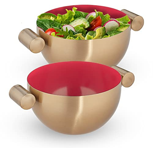 Relaxdays 2X Ciotola da Portata, Insalatiera, Design Moderno Acciaio Inox Tavola e Cucina, Snack e Impasti, Ø 15 cm Oro Rosso