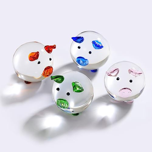 Movdyka Lot de 4 cochons amusants en verre pour femme, animaux en cristal, décoration pour la maison, figurines colorées faites à la main, décoration pour elle, anniversaire, Noël