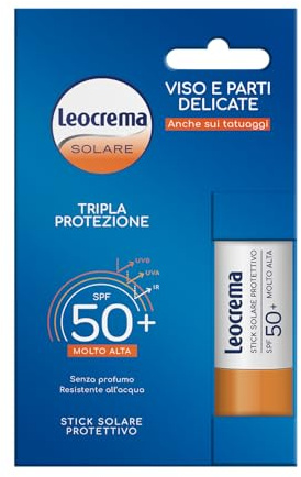 Leocrema - Bâton Solaire SPF 50+ Peaux Sensibles Triple Protection Solaire Sans Parfum 12ml