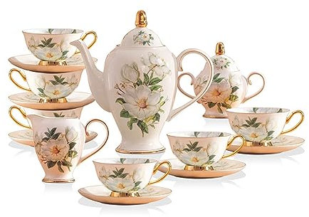 YIORYO 15-Piece European Style Porcelain Coffee Pot Sets, Fine Bone China Tea Set, Cups & Saucer & Spoons Service for 6, Exquisite Afternoon Tea Porcelain Sets with Sugar Bowl & Cream Pitcher