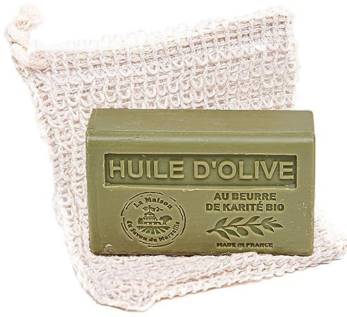 La Maison du Savon de Marseille - Exfoliating 100% Sisal Bag with Olive Oil Scented Shea Butter Soap - Natural, Eco-Friendly and Moisturising for Smooth Skin- 125g Bar