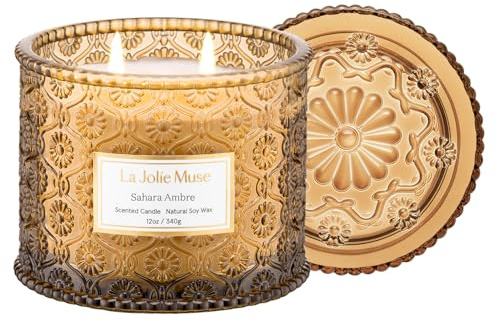 LA JOLIE MUSE Sahara Amber Candle – Bergamot, Clove & Amber | 12 oz Large 2-Wick Soy Wax Candle | 60 Hours Clean Burn | Gift-Ready for Hosts & Gatherings | Elegant Home Décor