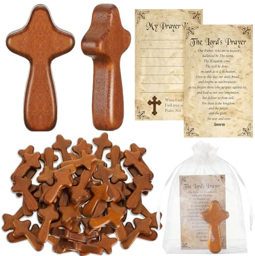 Kigley 60 Set Easter Christian Gifts Bulk Mini Wood Holding Crosses Easter Appreciation Gifts 60 Small Pocket Hand Crosses 60 Prayer Cards 60 Bags for Church Jesus Pastor