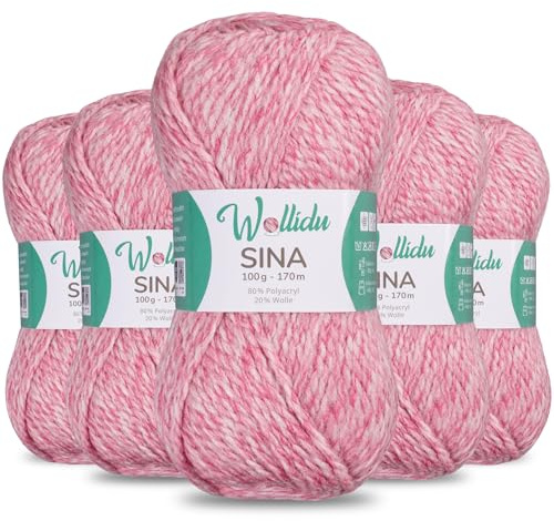 Wollidu Sina Wolle zum Stricken und Häkeln 500g Premium Strickwolle/Häkelwolle Set OEKO-TEX zertifiziert 5 x 100g/170m 80% Polyacryl 20% Schafwolle mulesing-frei - Pastellrosa Melange