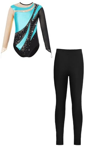 iiniim Mädchen Turnanzug Glänzend Gymnastikanzug mit Hose Gymnastik Leotard Ballett Trikotanzug Turnen Wettbewerb Tanzkostüm Ca Blau Grün A 146-152
