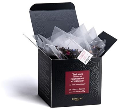 Dammann Frères | Coquelicot Gourmand Té Negro | Té Negro Frambuesa Cereza y Galleta - 25 Filtros (50 Gr) | Mezcla de sabores de té negro, flores y frutas.