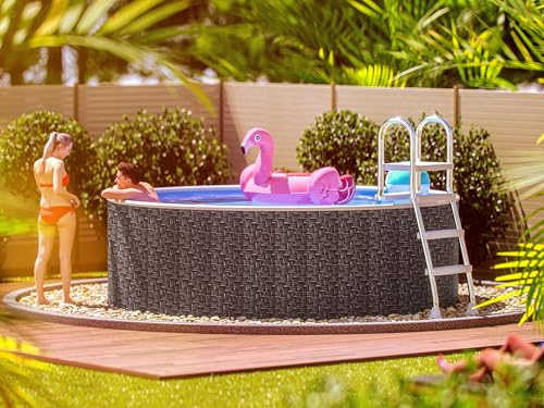 poolomio® Stahlwandpool rund 360 x 120 cm Rattan | Robuster Gartenpool als Aufstellbecken oder Einbaupool | Aufstellpool Komplettset mit Innenfolie 0,5 mm, Skimmer & Einlaufdüse