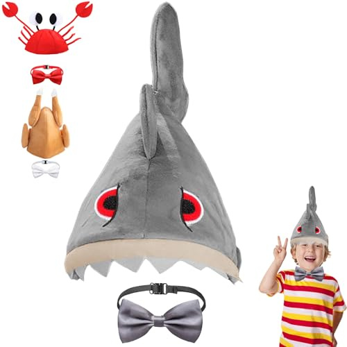 AUNGKWANG Cappelli Divertenti, Cappello Animali Cappello da Squalo e Papillon Regolabile, Halloween, Carnevale, Hat Costume Party Free Size Adatto Adulto Bambino Ragazzo Ragazza