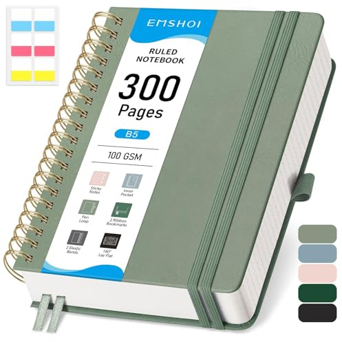 EMSHOI B5 Notebook College Ruled, Spiral Notepad 150 Sheets/300 Pages, 100gsm, PVC Cover, Sticky Notes, Pocket, Pen Loop, Ruler, Bookmark, Lined Journal for Women Men Writing, 19 x 25.8cm, Sage Green