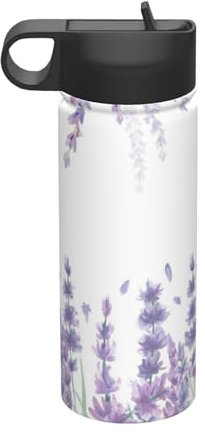 Mexpekil Bouteille d'eau isotherme avec paille - Fleurs violettes - Bouteille d'eau de lavande - 532 ml - En acier inoxydable - Pour enfants - Bouteille isotherme sous vide