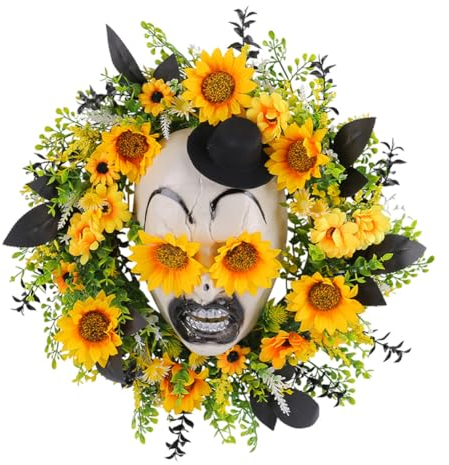 Halloween Simulationsblumenkranz mit Sonnenblumen und Totenkopf Dekor für Haustüren für eine gruselige Festliche Atmosphäre bei Ihren Halloween Feierlichkeiten und Feiertagsveranstaltungen