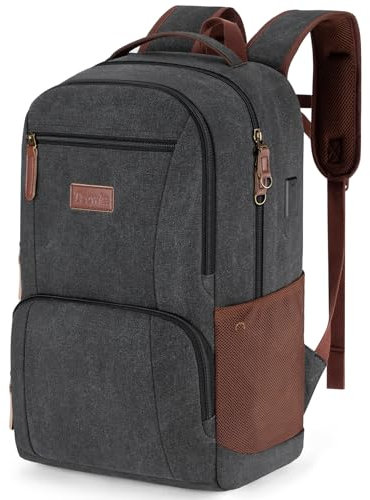 Tzowla Canvas Laptop College Rucksack Damen und Herren,Uni Arbeits Vintage Reiserucksack mit USB/Typ-C Ladeanschluss,Leichter Büchertasche,Wander Tagesrucksack für 15,6 Zoll Notebook-Schwarz