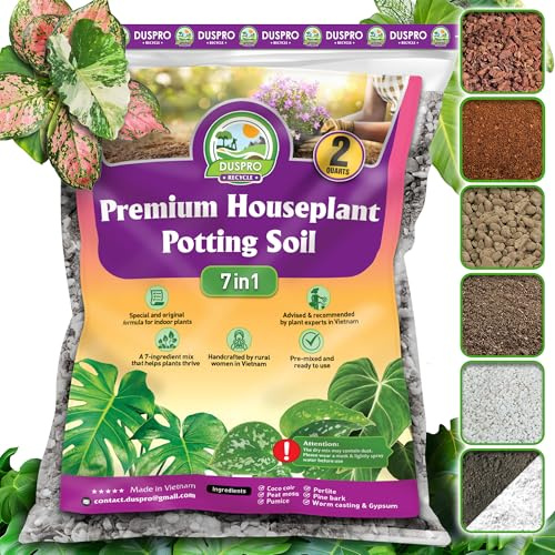 DUSPRO Recycle 2QRT Pre-Mixed House Plant Soil Aroid Potting Mix 7-in-1 with Coco Coir, Peat Moss, Perlite, Worm Casting, Pumice, Pine Bark & Gypsum, Tropical Potting Mix for Indoor Plants, Herbs
