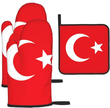 YYHHAOFA Lot de 3 gants de cuisine imperméables et durables pour four et manique pour isolation thermique Motif drapeau de la Turquie