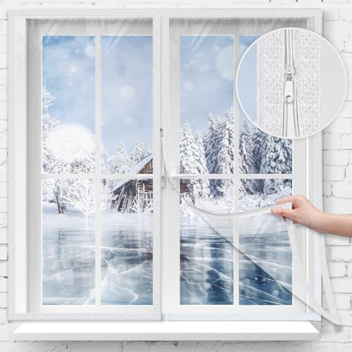 Beeveer 63 x 63 Inches Window Insulation Kit with Zipper Winter Window Plastic for Winterizing Home Thermal Insulated Cover with Adhesive Straps Transparent Reusable Adjustable Thick Attic Cover Warm