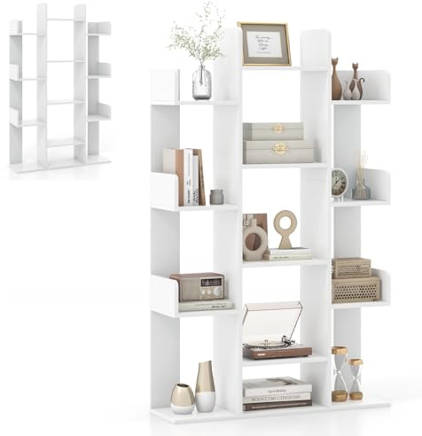 HOMASIS Bücherregal, Standregal im Baumform, Raumteiler Regal mit 13 Ablagen, Aufbewahrungsregal für Arbeitszimmer, Wohnzimmer, Schlafzimmer, Büroregal belastbar 90 kg, 86x23,5x140,5 cm (Weiß)