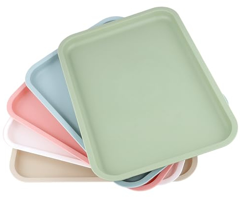 ZEONHEI 5 PCS 14 x 10 Inch Plastic Serving Tray, 36.5x26.5cm Mutlicolor Rectangular Fast Food Serving Trays, Large Plastic Serving Platter Dinner Tray for Party, Tea, Coffee, Snack, Desserts