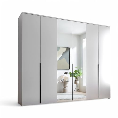 KEVO Kleiderschrank Schrank mit Spiegeln, Drehtürenschrank Weiß, 6-türig | 270 x 225 x 52 cm (B/H/T), Schlafzimmer, Kleiderstangen, Ablageböden, minimalistisches Design, vertikale Griffe