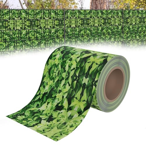 YRHome 35m x 19cm PVC Sichtschutzfolie Sichtschutzstreifen Doppelstabmatten Zaun Sichtschutz Zaunfolie Doppelstabmattenzaun mit 20 Befestigungsclips 450g/m² Stabmattenzaun Windschutz Kleine Blatt Grün