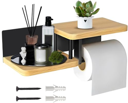 Toilettenpapierhalter ohne Bohren aus Bambus & Stahl, Klopapierhalter mit Ablage, Klorollenhalter Holz für Bad & WC, Toilettenpapier Aufbewahrung Wandmontage Kleben oder Bohren, Klopapierhalter Holz