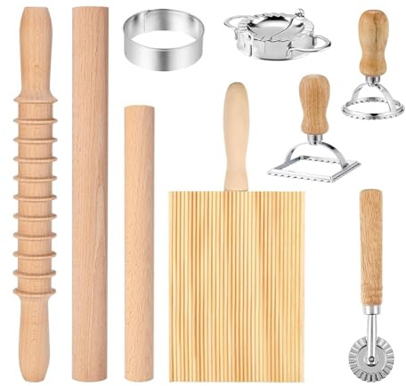 JNJOOD Juego de 9 utensilios para pasta, rodillo de madera, tabla para ñoquis, cortador de pasta para raviolis, rueda cortapasta