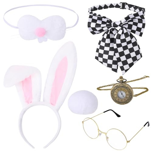 taonganui Kaninchen Cosplay Set 6 Stück Kostüm Zubehör für Ostern Halloween | Niedliches Bunny Kostüm Zubehör,Plüsch Hasenohren Haarreif Stirnband Fliege Taschenuhr Brille,Erwachsene