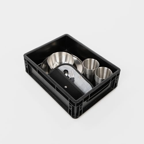 BOXIO – CookUp: Kompletterande komplett set 28 delar för camping kök 40 x 30 x 12 – perfekt tillbehör för campingköket i liten eurobox med porslin och bestick