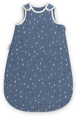 Ehrenkind® Baby Sommerschlafsack Rund Musselin 0.5 TOG | aus weicher OEKO-TEX zertifizierter Bio-Baumwolle | Sommer Baby Schlafsack Baby 0.5 TOG Gr. 74/80 Jeansblau Tropfen