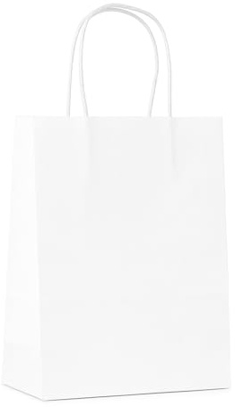 Commerline 50 Stycken Papperspåsar Med Handtag | Vit, 45+17x48 cm Presentpåsar | Kraftpapperspåsar Med Snörhandtag | Pappersbärkassar för Shopping och Förpackning | DIY