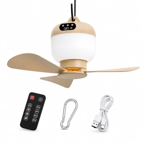 Negxi Camping Fan with Light & Remote, Portable Ceiling Fan for Tents, Canopy, Beach, RV, Car, Camper & Outdoor, Wireless Rechargeable Hanging Pop up Tent Fan - 3 Speed Breeze & Timer, 10.63 Inch