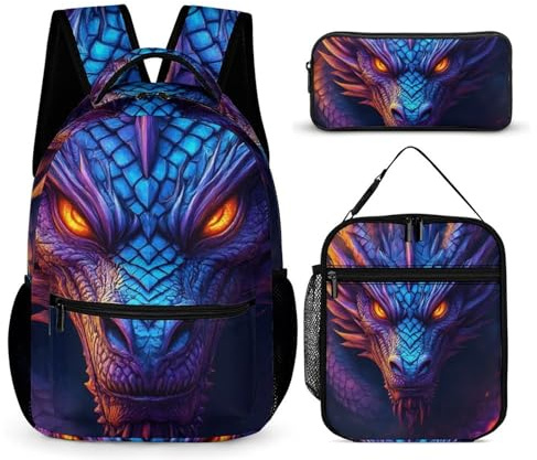 peiyeety Conjunto de mochila, lonchera y bolsa de almacenamiento, mochila Dragon (8), mochila, mochila de día con lonchera y bolsas de cosméticos