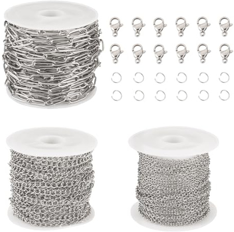 Craftora 3 rullar rostfritt stål halsband kedjor pappersklippkedjor lödda oval länk kedja med hummerlås, hoppringar för smyckestillverkning