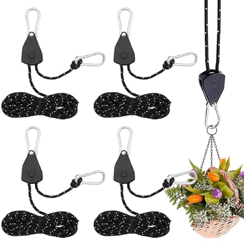 4 Piezas Tensor Cuerda, 5 M Cordón Reflectante Cinchas, con Trinquete y Gancho Ajustables, Ideal para Iluminación de Plantas, Tiendas de Campaña, Jardines y Equipos de Exterior