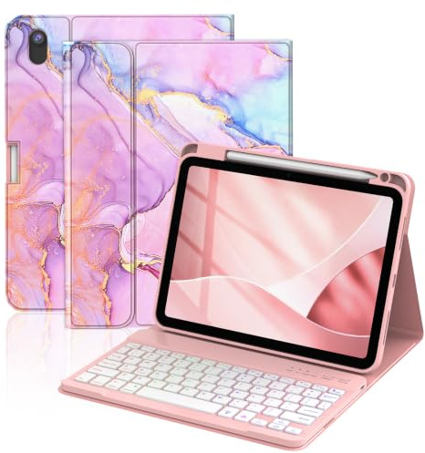 Keyboard Case for iPad A16 11th Gen 11 Inch/10th Gen 10.9 Marble Design | 7 Colors Backlit, Detachable Keyboard Folio Cover, Pencil Holder, for iPad 11th/10th Generation Case with Keyboard