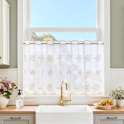 TOPICK Scheibengardine Bistrogardine Gardinenschals 1 Stück H60xB145 Beige | Lichtdurchlässig Küchengardinen für Küche modern Kurzgardine Wohnzimmer Küchenfenster Fensterschal Landhausstil Küchevorhänge