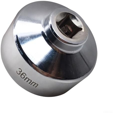Llave de vaso de perfil bajo de 36 mm para extracción de tapa de filtro de aceite con diseño de 6 puntos y accionamiento de 3/8 pulgadas construido de acero al cromo vanadio para zonas confinadas del