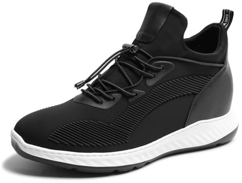 CHAMARIPA Scarpe Rialzate Uomo 6 cm Aumento Altezza Invisibile, Sneaker con Lacci Elastici a Punta Tonda in Tessuto/Pelle Morbida Nera 43EU