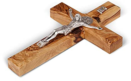 Wooden Wall Cross, St Benedict Crucifix, Made of Olive Wood in Bethlehem, Christian Spiritual Religious Gift. Size: 6 X 3.5” 